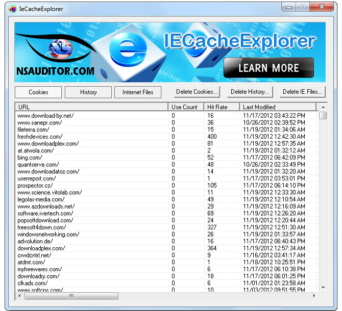 IE Cache Explorer Displays the details of all cookies and history that Internet 