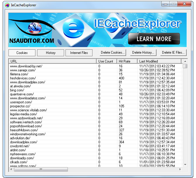 Displays the details of cookies and list of all URLs that you have visited.