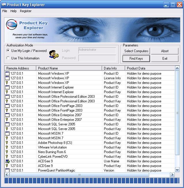 El Explorador de Llave de Producto - Encuentra más de 500 producto de software popular cd llaves de ordenadores de red